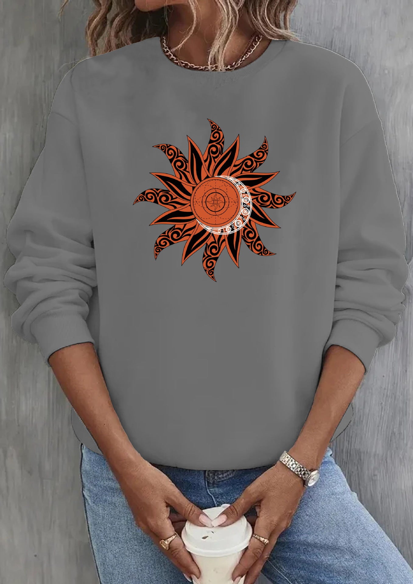 Cute Sun Print Casual Round Neck Pullover Sweater