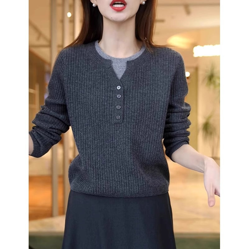 Autumn and Winter New Round Neck Fake Two-piece Knitted Sweaters Women's Warm Padded Top