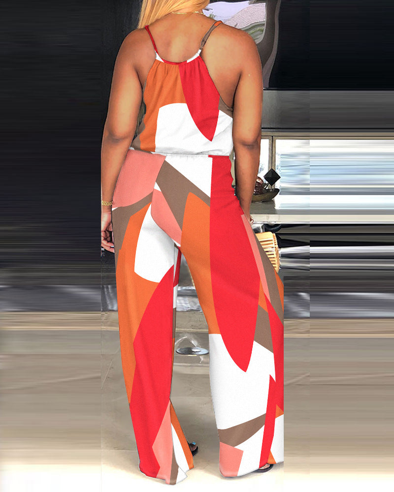 Chic Printed Pleated Suspender Jumpsuit for Women