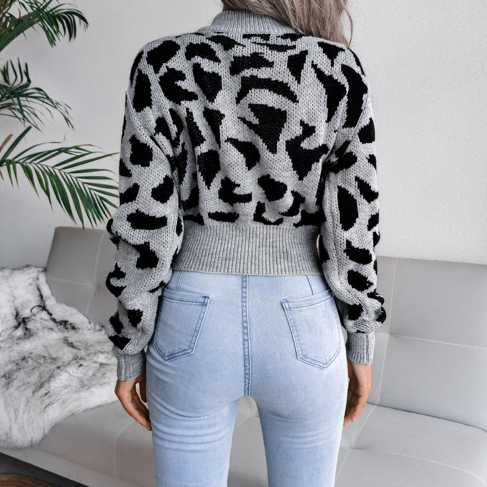 Women Casual Leopard Print Cinched Knit Cropped Sweater