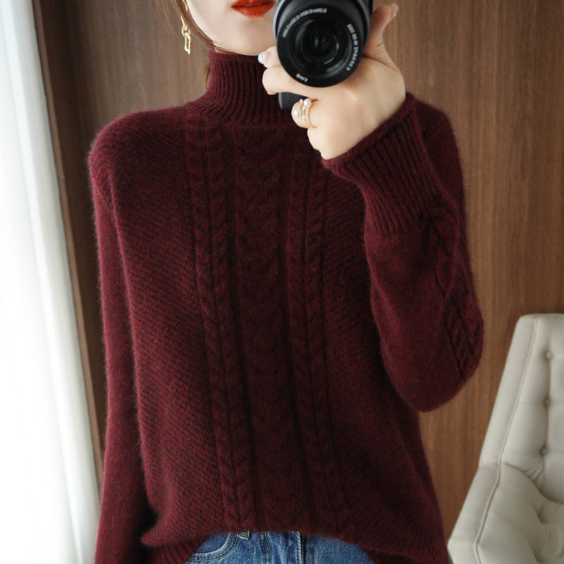 Womens Half-turtleneck Sweater with Cable Knit and Thickened Design