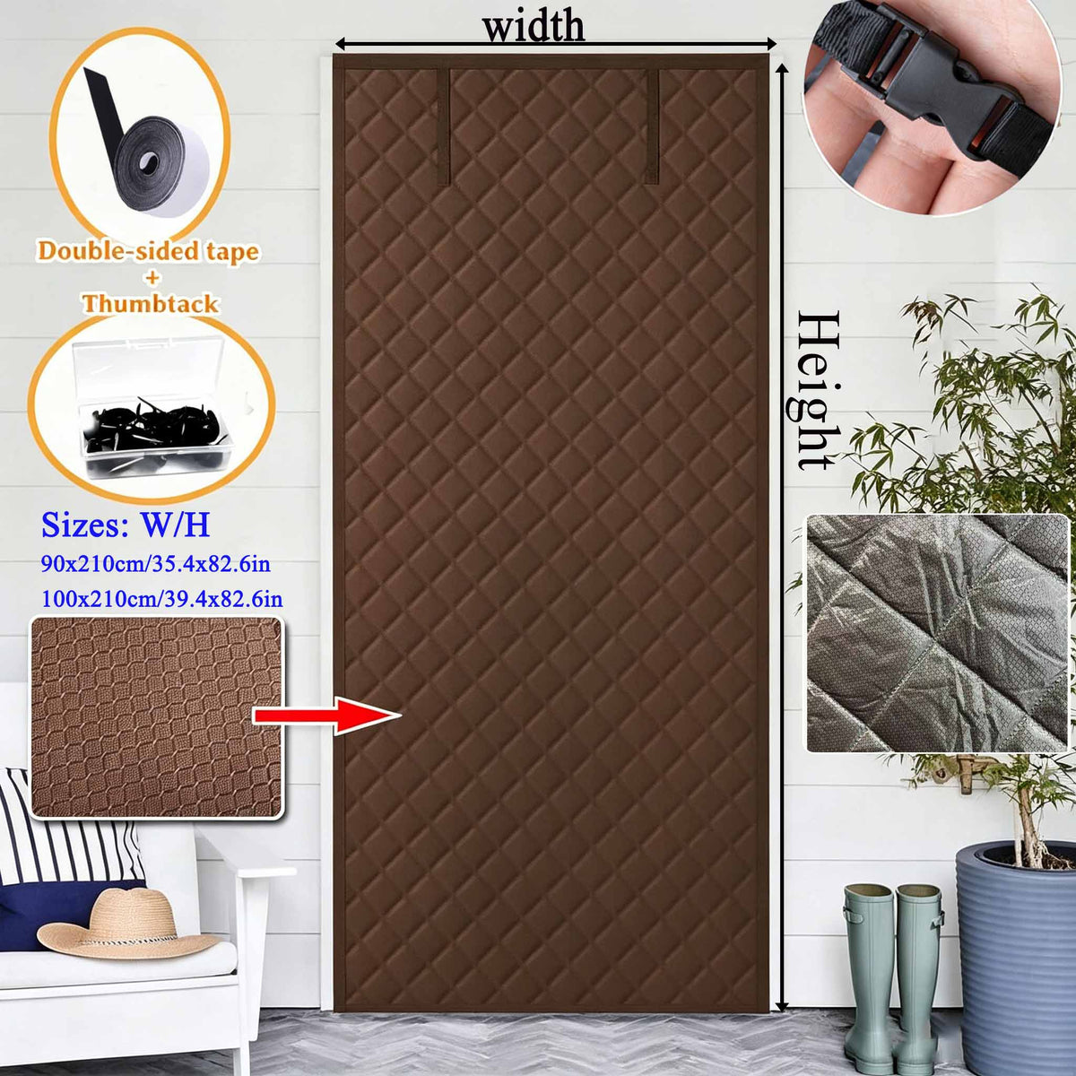 Thick Diamond Quilted Thermal Insulated Door Curtain, Windproof Cold Block Door Drape with Roll Up Buckle, Punch & Adhesive 2 Installation Ways Energy Saving Door Cover for Home Balcony Courtyard Gara