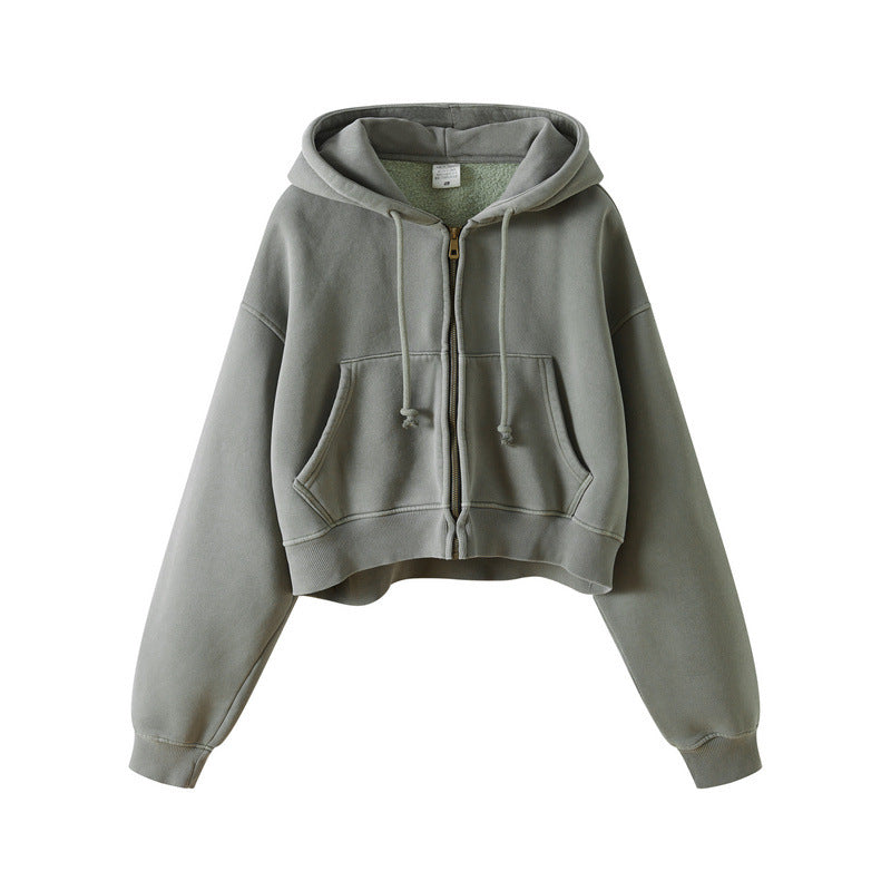 Washed Plush Zipper Hooded Sweater Retro Hot Girl Blouse