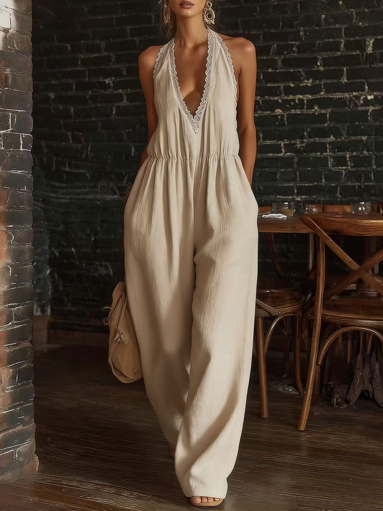 Casual Lace-Trimmed Loose Linen Jumpsuit