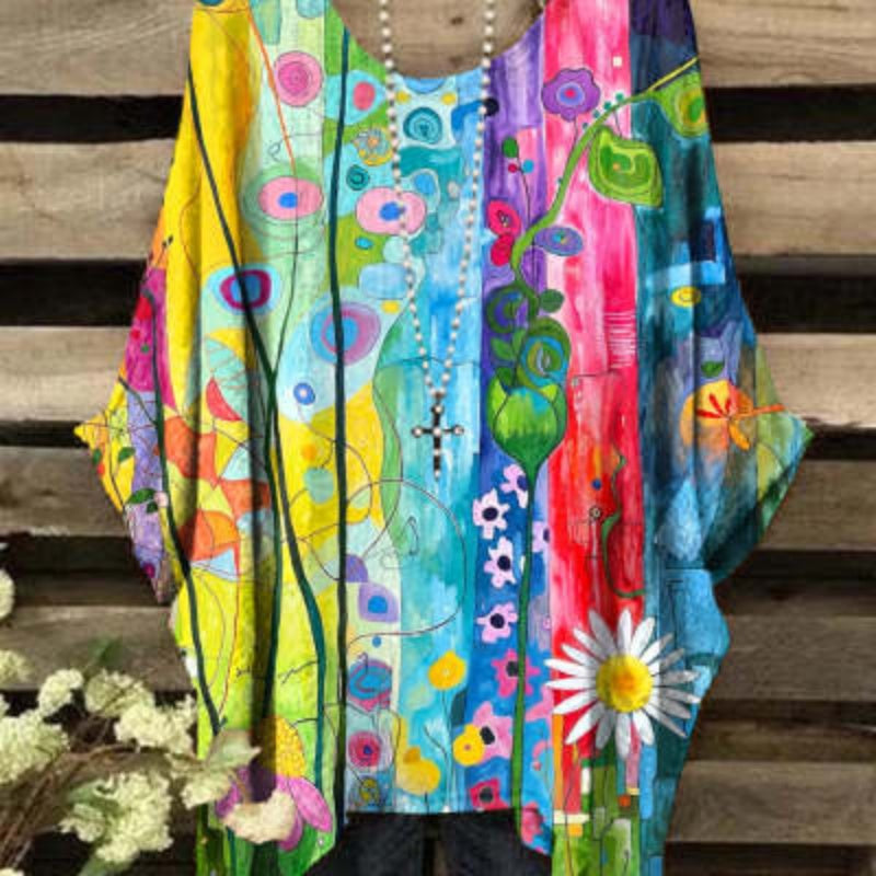 Womens Loose Casual Irregular Printed Pullover T-shirt