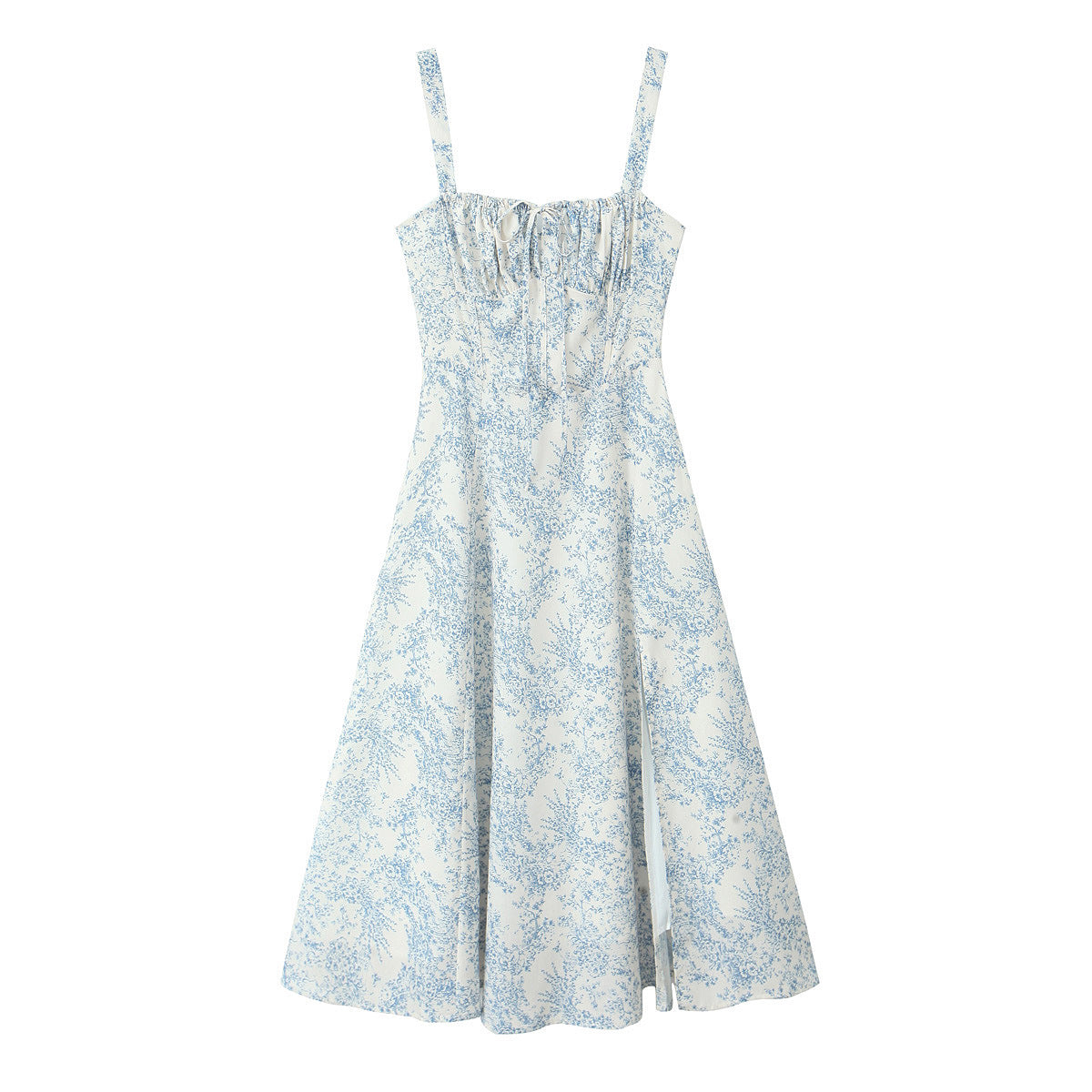Womens French-style Square-neck Vintage-print Sweet Lace-up Strap Dress
