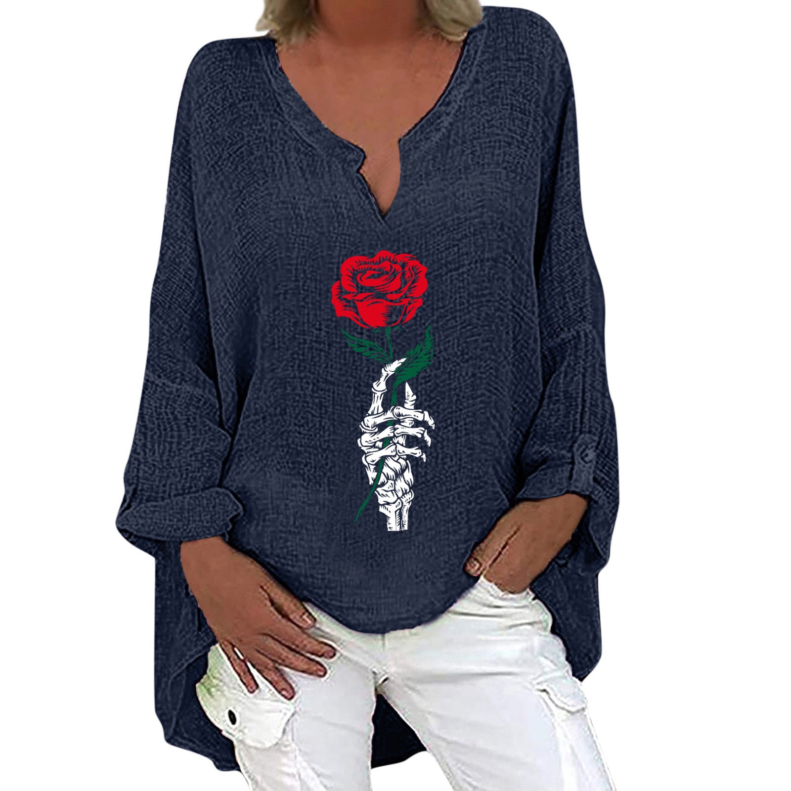 Women's Halloween V-Neck Cotton Linen Long Sleeve Shirt