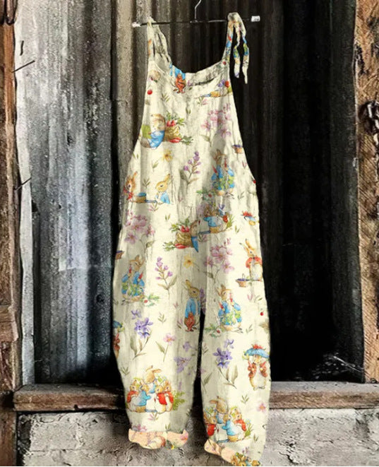 Vintage Sweet Print Loose Suspender Pants for Women