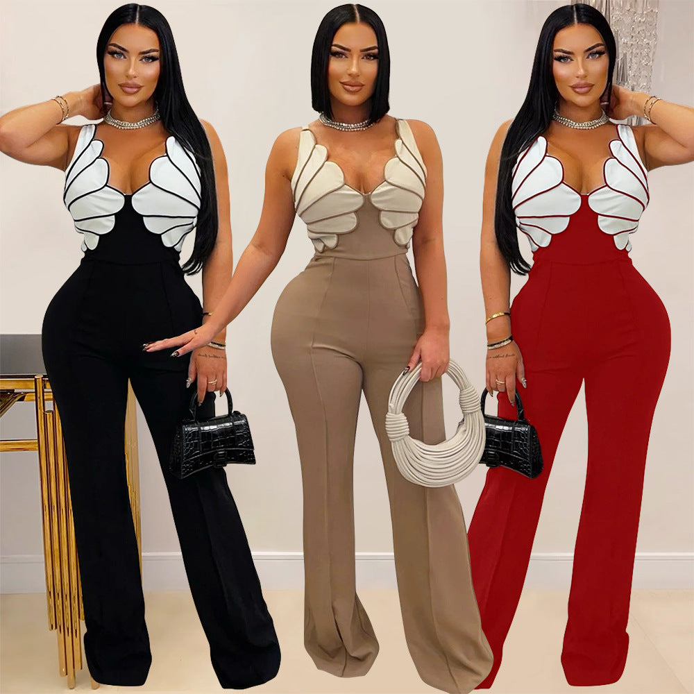 Elegant V-Neck Slim-Fit Rhinestone Jumpsuit