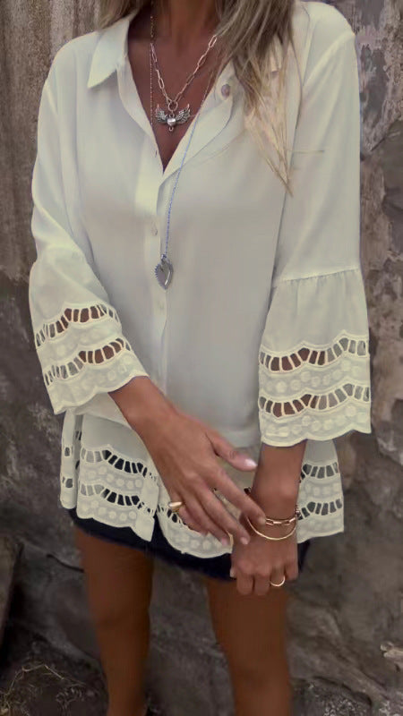 Lapel Long Sleeve Lace Ruffles Lotus Leaf Loose Shirt