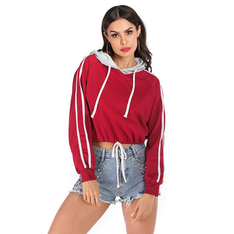 Striped Drawstring Cropped Hoodie for Women