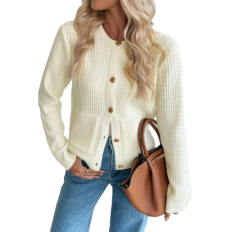 Casual Korean Style Metal Button Cardigan Solid Color Sweater Coat for Women