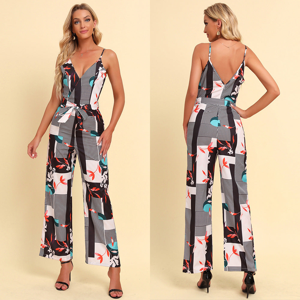 Printed Backless Deep V-Neck Jumpsuit
