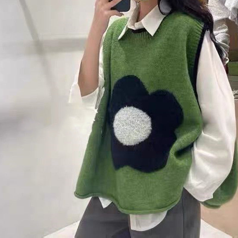 Spring Autumn Outerwear Lace-up Towel Embroidery Flower Knitted Vest