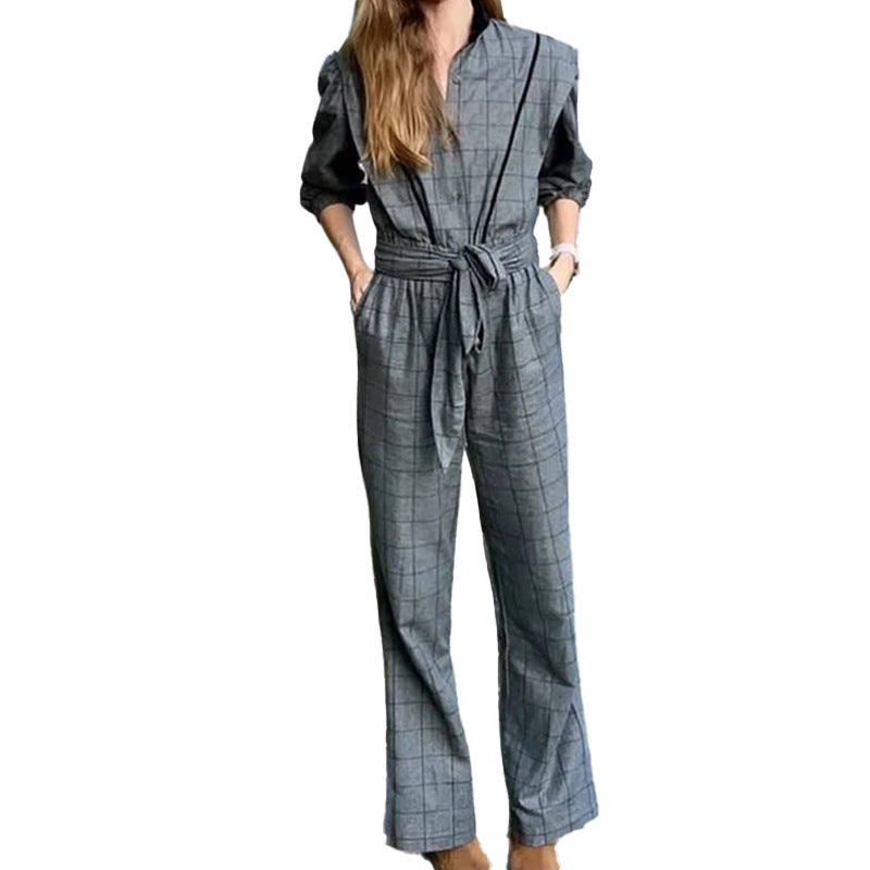 Retro Plaid Lace-Up Jumpsuit for Elegant Commuting