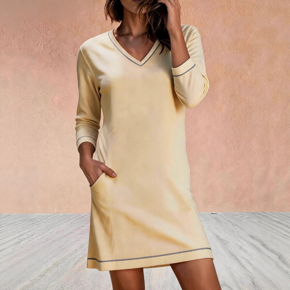 V-neck Sewn 78-sleeve Mini Dress