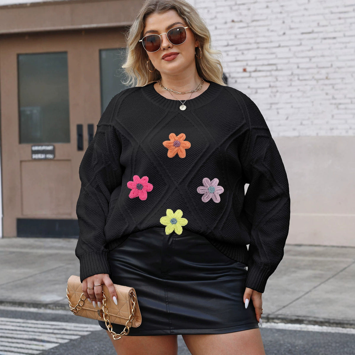 Autumnwinter Quilted Padded Sweater with Three-dimensional Colored Flowers