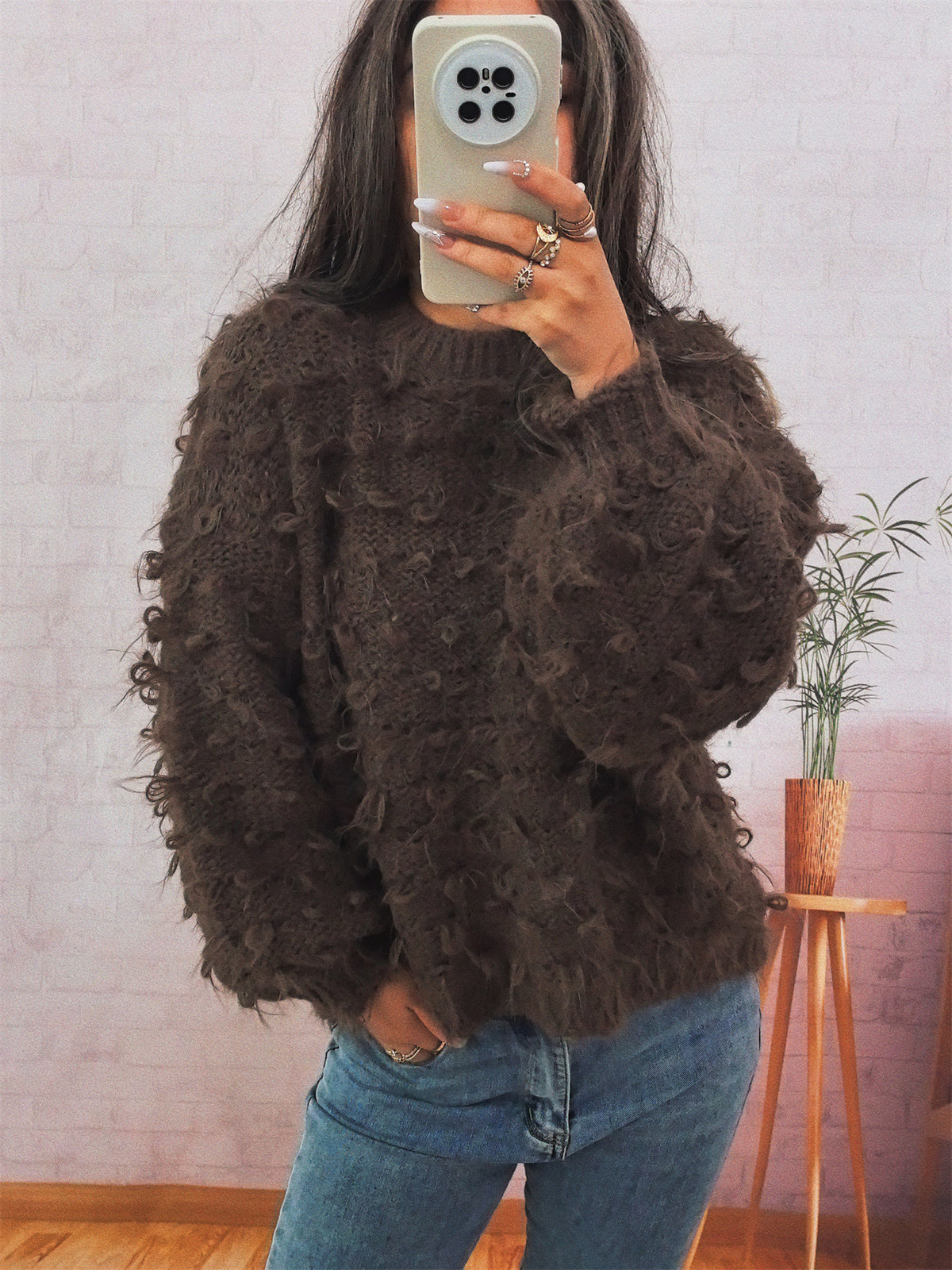 Casual Thickening Knitted Solid Color Round Neck Loose Sweater for Women