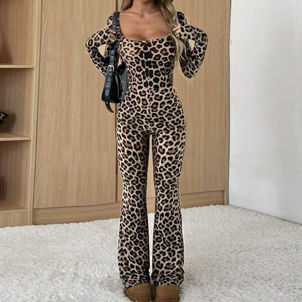 Leopard Print Square Collar Slim-Fit Jumpsuit