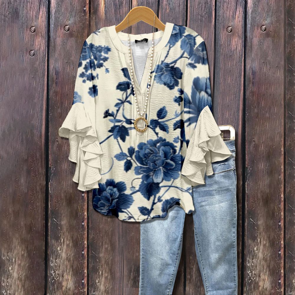Floral Print Digital-Print V-Neck T-Shirt With Lotus-Edge Trim