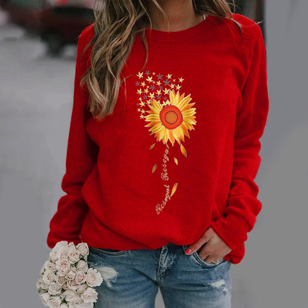 Women's Sunflower Print Long Sleeve Crew Neck Sweater