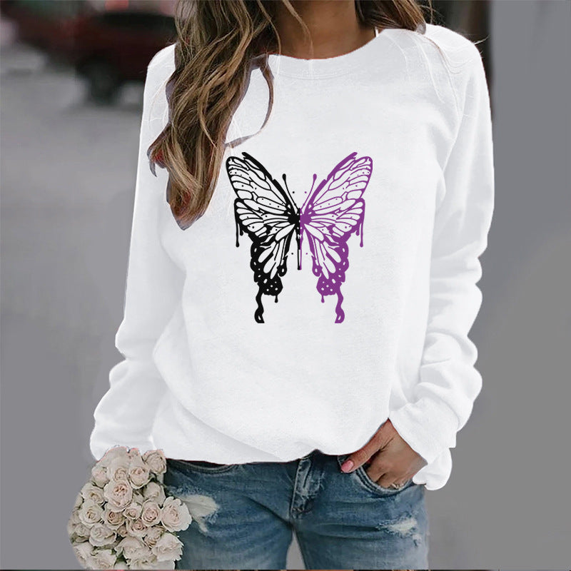 Butterfly Print Sports Pullover Round Neck Sweater