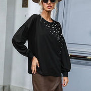 Beaded Lantern Sleeve Crewneck Top – Elegant Loose-Fit Tee