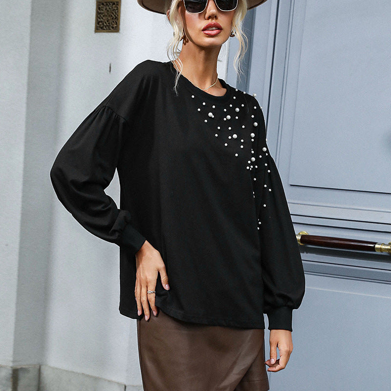 Beaded Lantern Sleeve Crewneck Top – Elegant Loose-Fit Tee