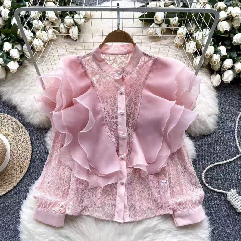 Elegant Sheer Lace Long‑Sleeve Top – Versatile Ruffle Sleeve Cardigan