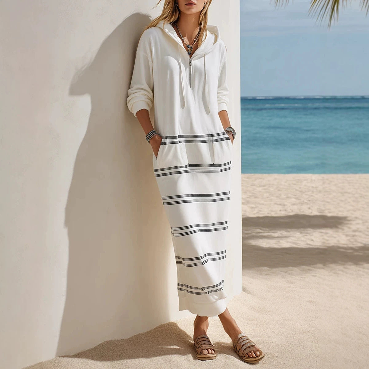 Laid-back Relaxed-fit Figure-flattering Striped Hoodie Dress