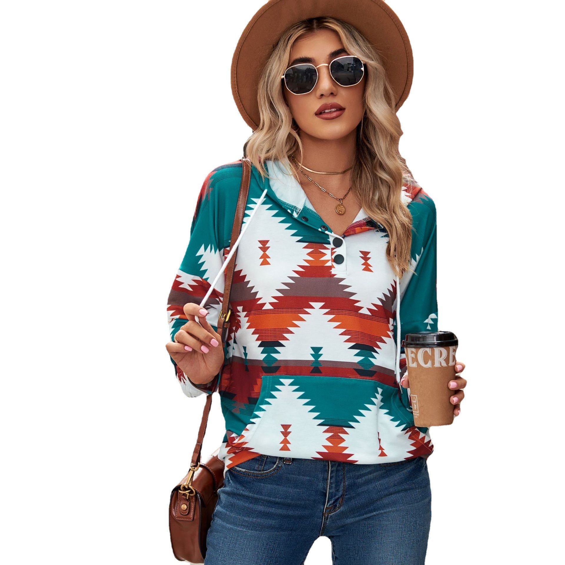 Geometric Pattern Long Sleeve Hooded Pocket Sweatshirt