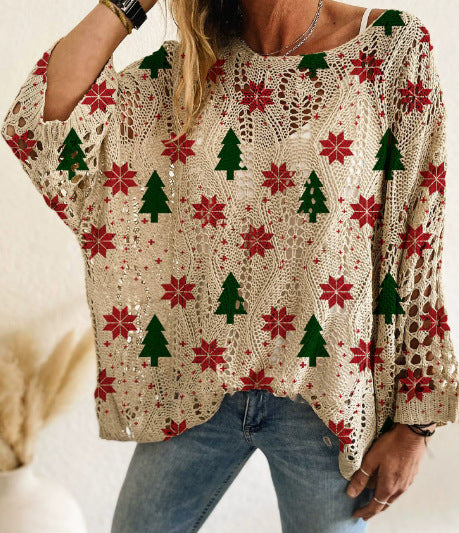Bat Loose Off-shoulder Boat Neck Diamond Hollow-out Contrast Color Christmas Print Knitted Sweater