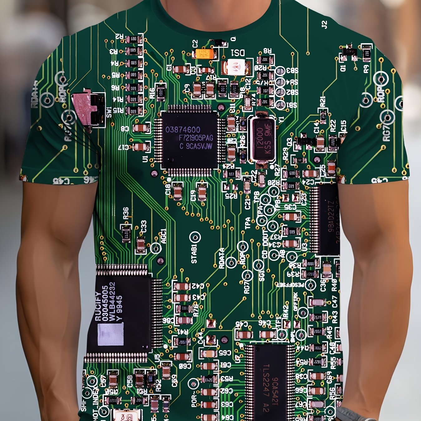 Men's 3D Circuit Board Print T-Shirt – Green Short Sleeve Casual Summer Tee, Lightweight Breathable, Regular Fit, Round Neck