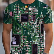 Men's 3D Circuit Board Print T-Shirt – Green Short Sleeve Casual Summer Tee, Lightweight Breathable, Regular Fit, Round Neck