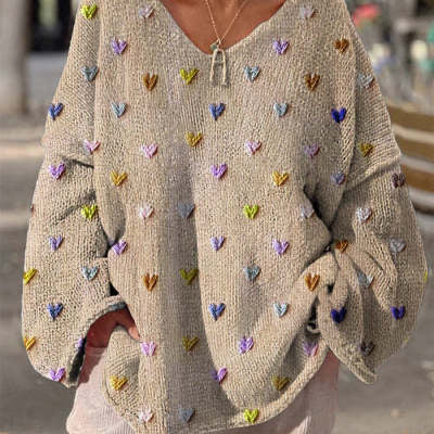 Women's Autumn Winter Lazy Style Loose V-neck Printed Pullover