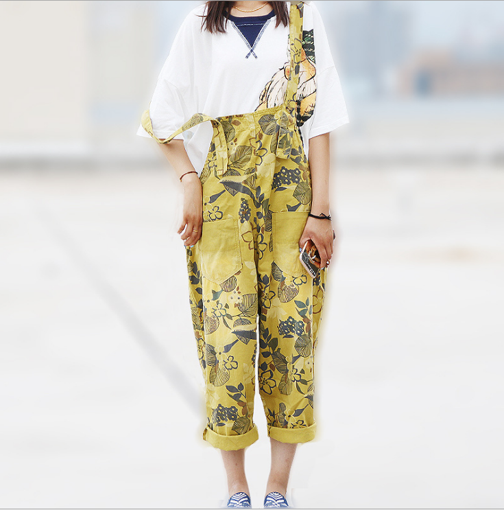 Casual Loose Floral Print Cotton Overalls for Women