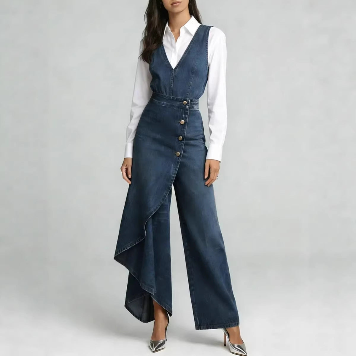 Western-style V-neck Asymmetrical Denim Jumpsuit