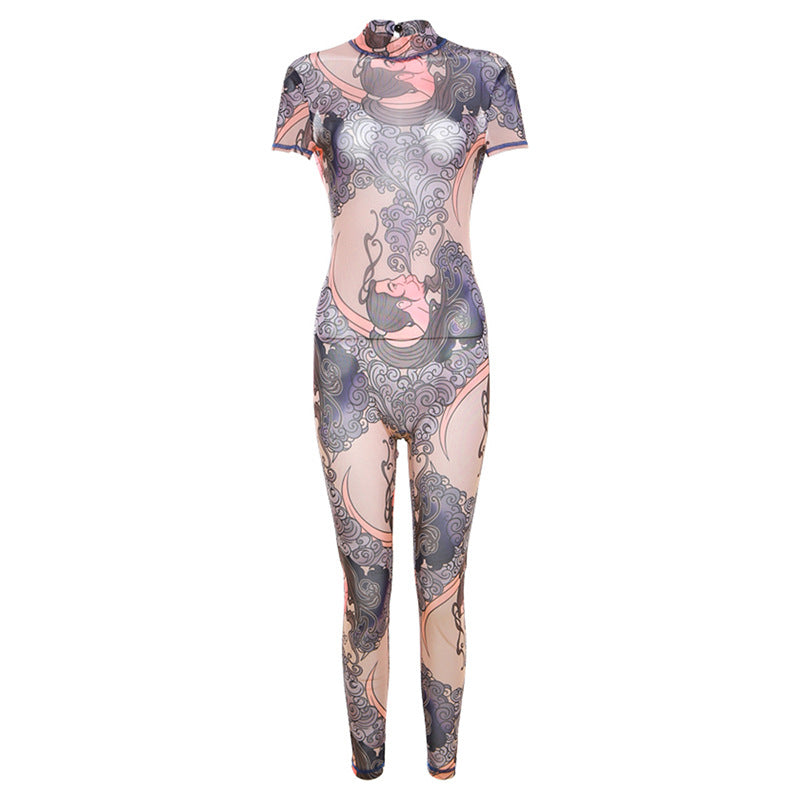 Women's Floral Mesh Backless Tight Jumpsuit
