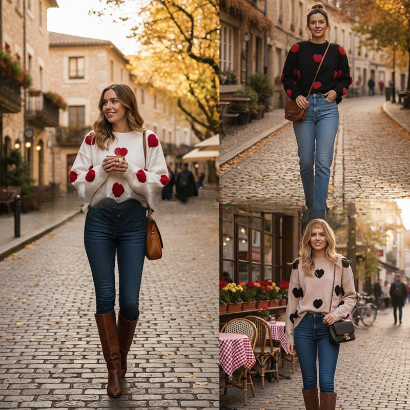 Women's 3d Jacquard Heart Pullover Sweater with Long Sleeves and Light Stretch