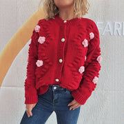 Cute Three-dimensional Flower Decorative Knitted Cardigan Round Neck Sweater