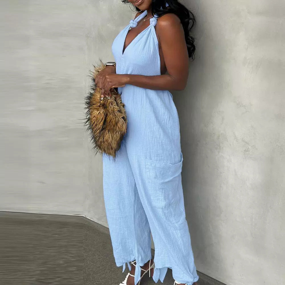 Casual Backless Halter Patch Pocket Jumpsuit Romper