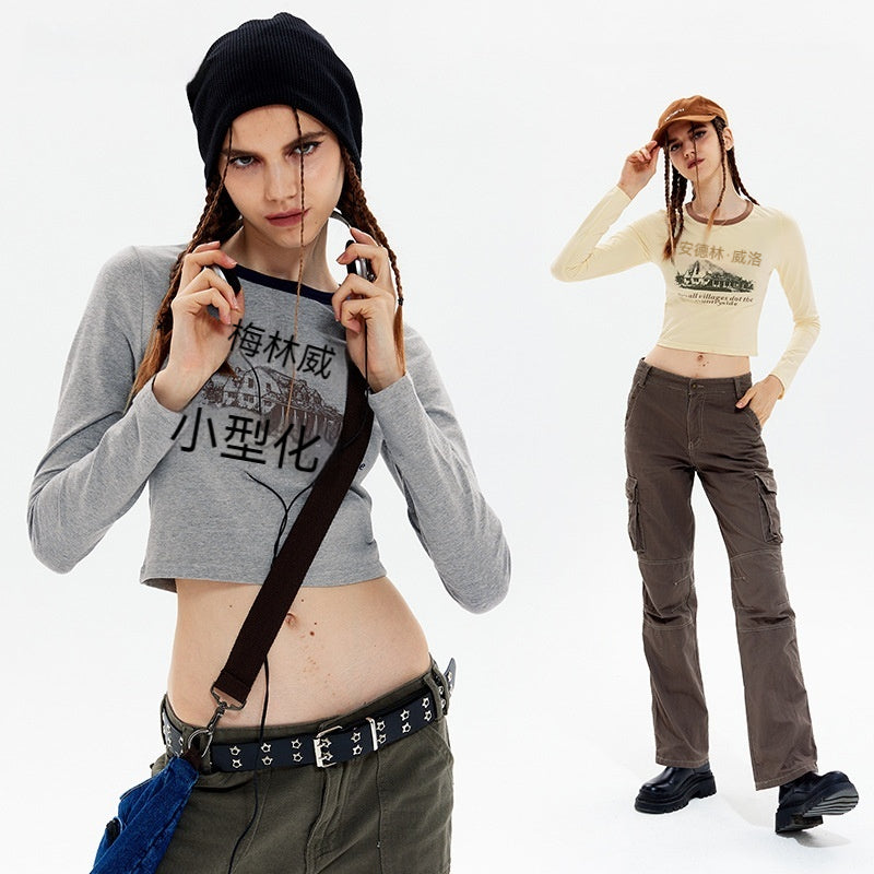 Retro Letter Print Slim Long Sleeve Cotton Bottoming Shirt