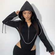 American Street Cool Locomotive Style Ribbon Zipper Hooded Long Sleeve Jumpsuit