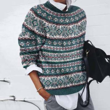 Chic Digital Print Round Neck Knit Sweater
