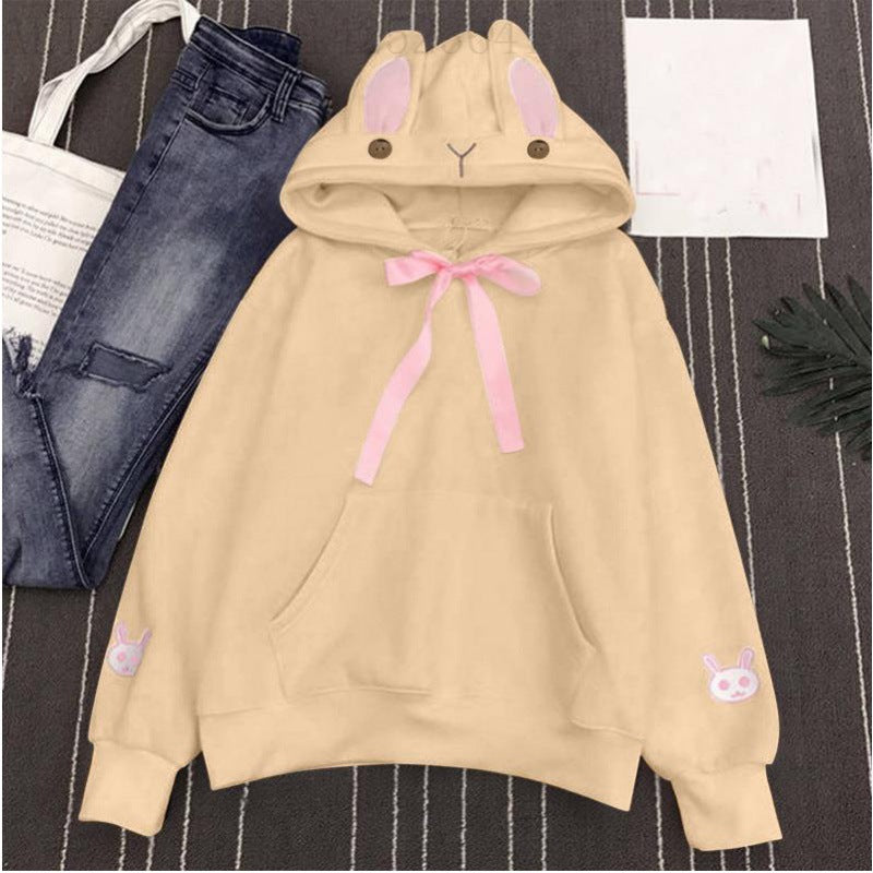 Cute Bunny Ear Embroidered Pocket Fleece Hoodie for Women
