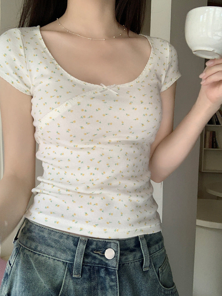 Floral Bow Short-Sleeve Scoop Neck Tee