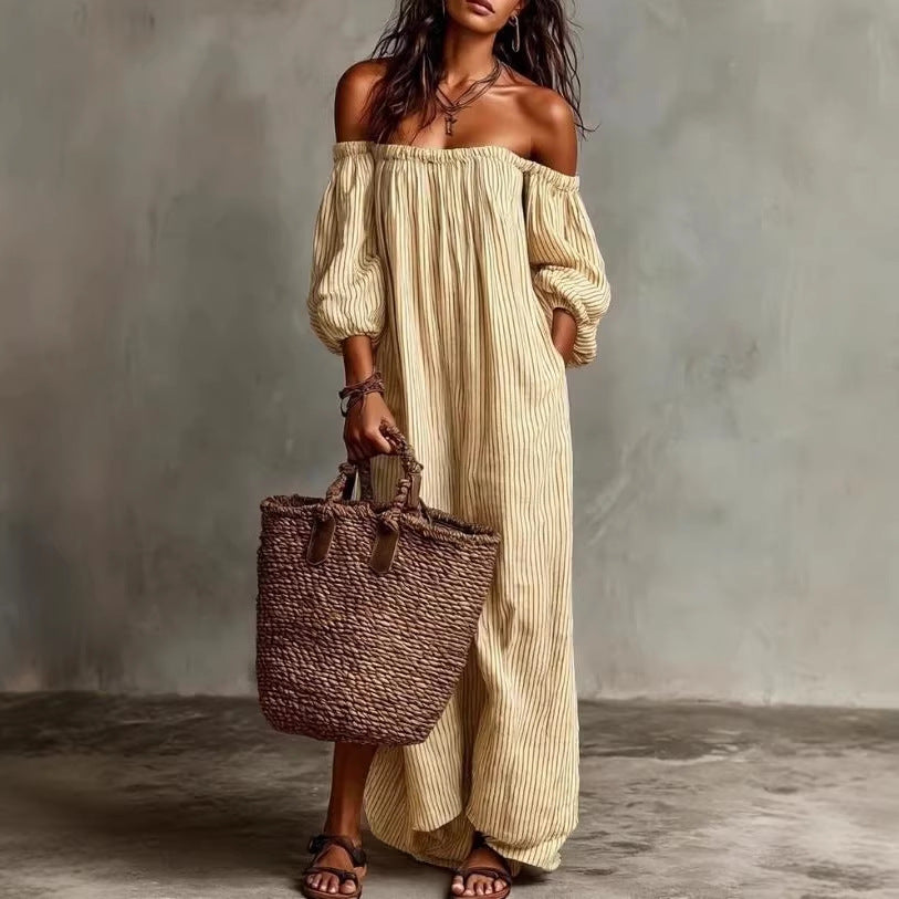 Women's Casual Loose-fit Off-shoulder Striped Dress