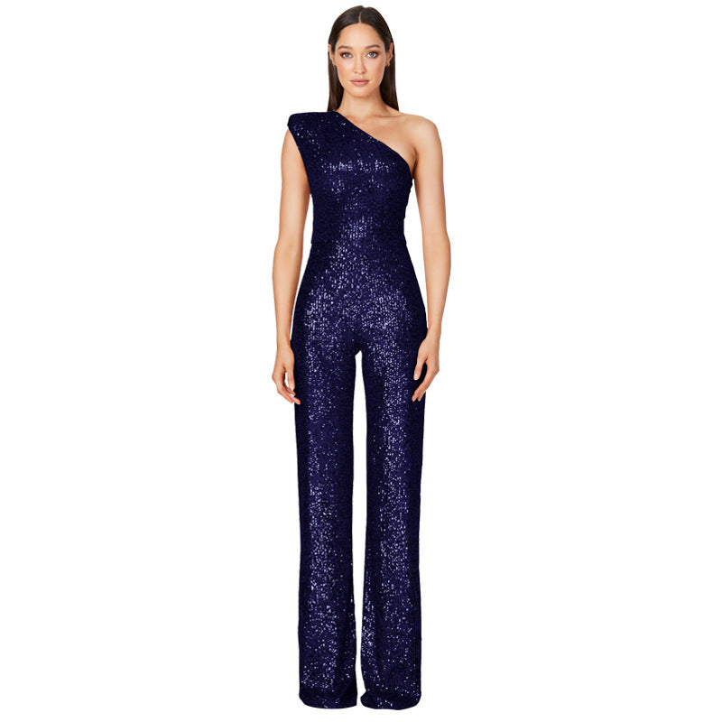 Glamorous One-Shoulder Sequined Wide-Leg Jumpsuit
