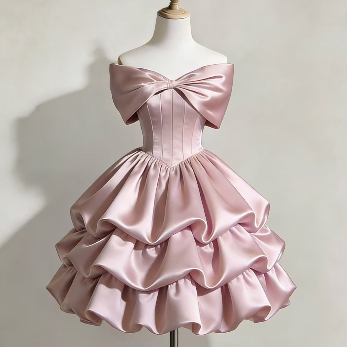 One-shoulder Satin Puff Skirt with a Bow Short-length Waist-cinching Designperfect for Everyday Wear