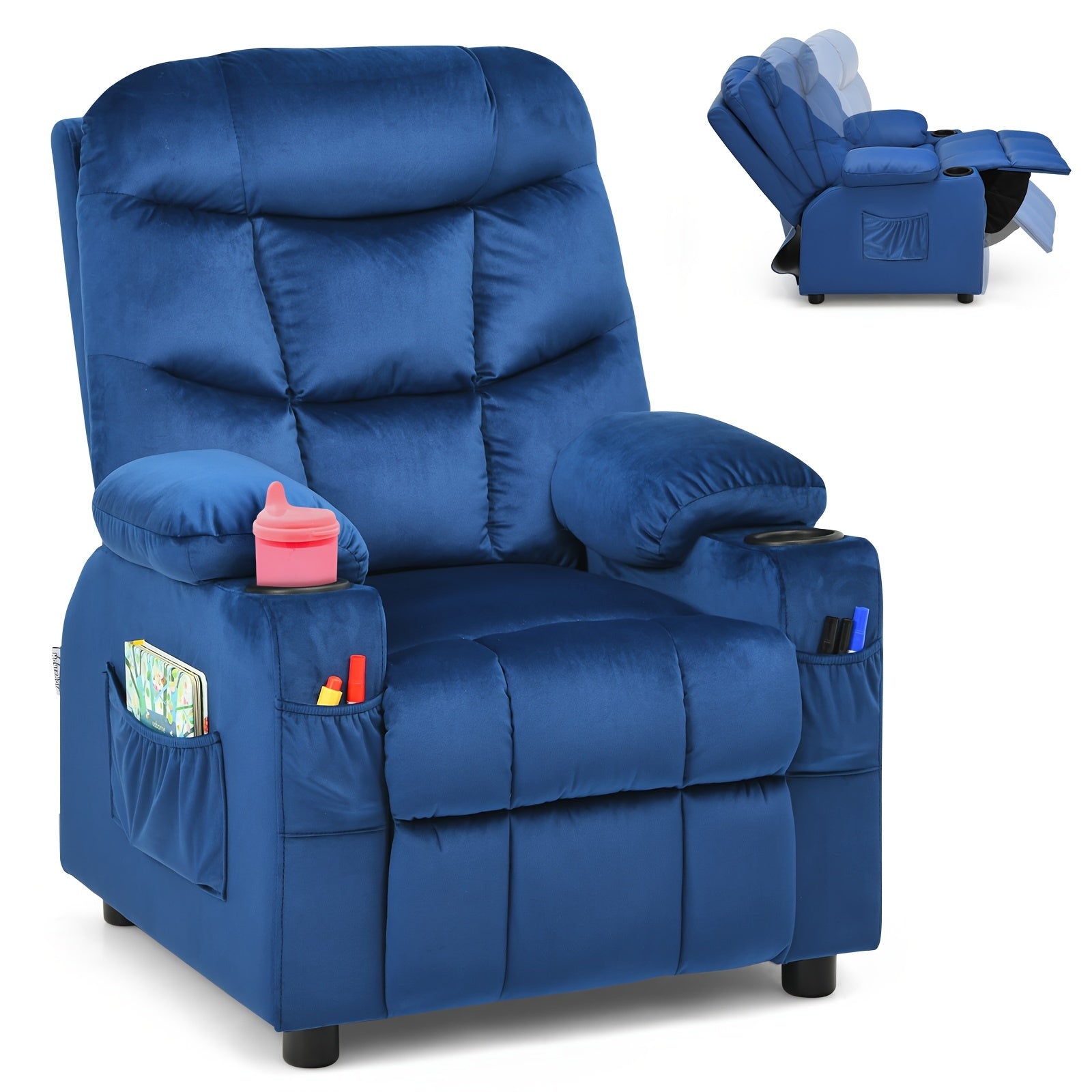 Pink Velvet Recliner Chair for Girls with Cup Holder and Storage Pocket, Heavy‑Duty 300 lb Capacity, Manual Recline, Safety Belt, Available in Multiple Colors